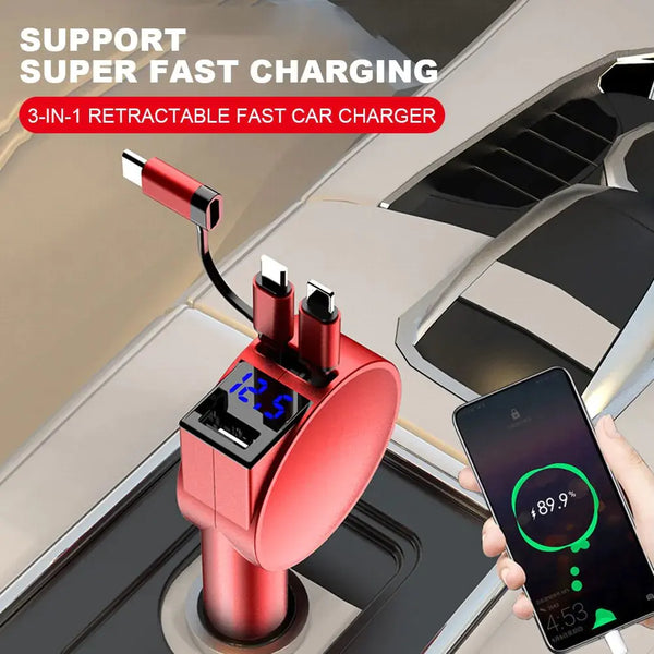 100W 3 IN 1 Retractable Car Charger USB Type C Cable